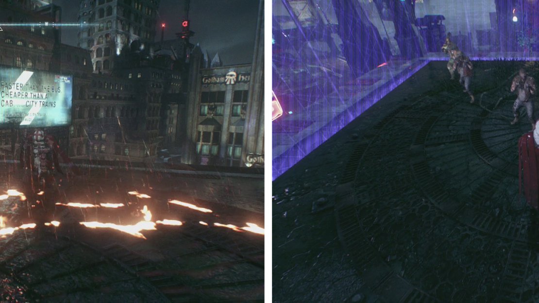 You’ll find Azrael by burning bat symbols (left) and you’ll have to complete combat challenges (right)