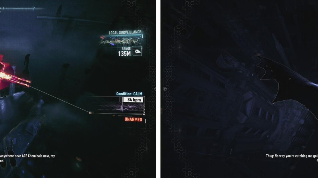 You’ll find Man-Bat flying around Miagani Island (left). We need to fly into him to trigger a scene (right).