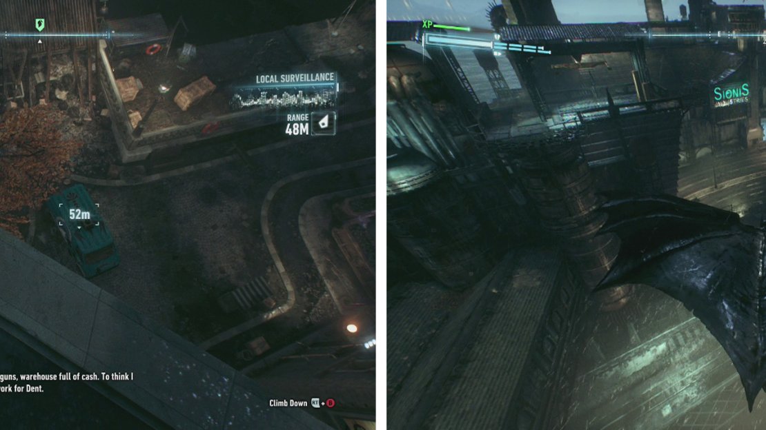 Find and shoot the target van with a Disruptor (left). Follow it to its destination (right).