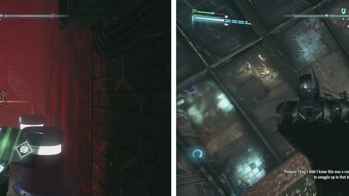 Enter the door and hack the panel ahead to open the door for the batmobile (left). Once the skylight is open, head to the roof (right).