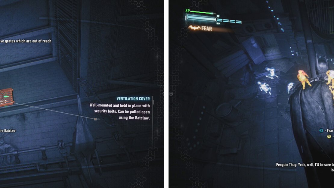 After the first enemies, look for the vent on the wall (left). Use a Fear Multi-Takedown to begin the fight by the vault room (right).