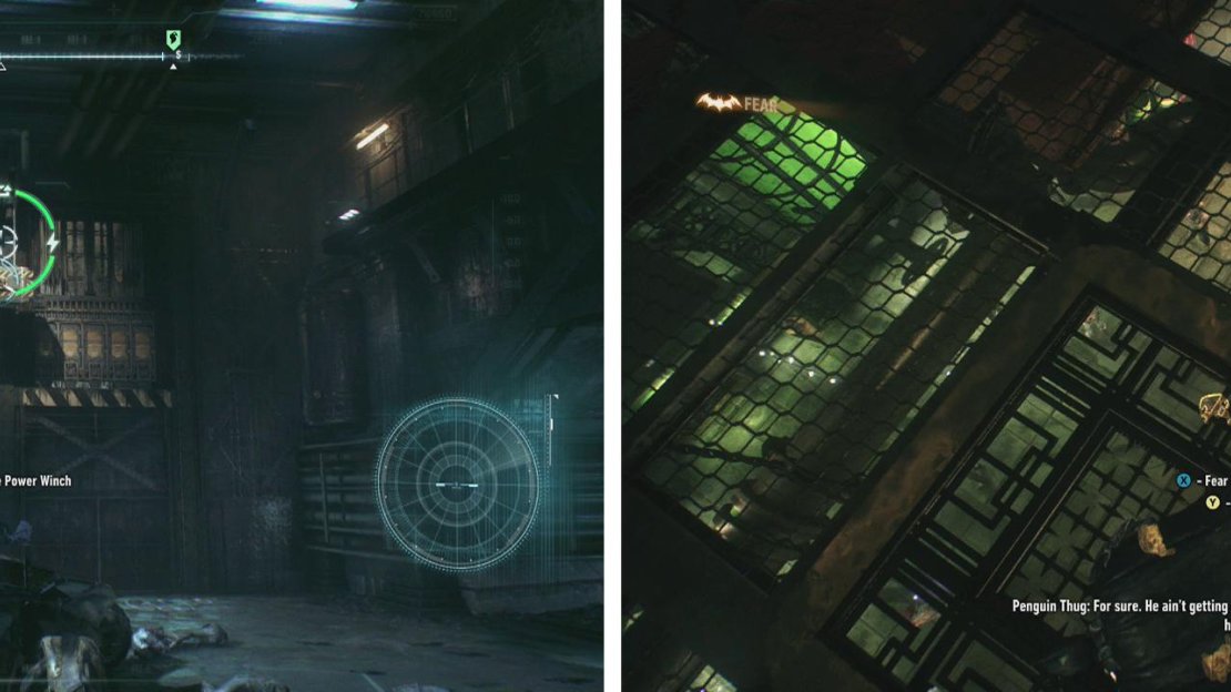 Pull the counterweight to open the door (left). Drop down through the roof using a Fear Multi-Takedwon to kick off the fight (right).