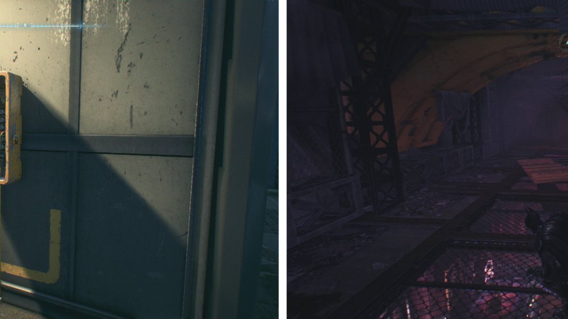 After clearing the roof use the switch to open the elevator (left). Drop through the series of floor hatches to reach the vault room (right).