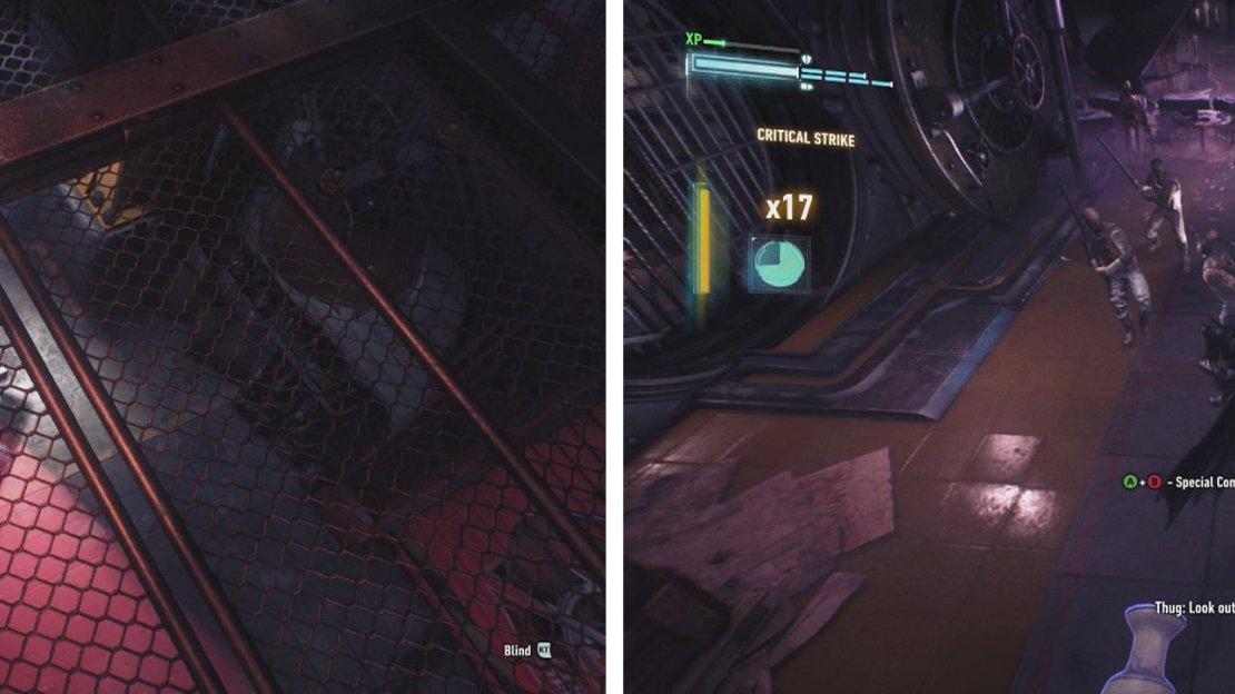 Disable the Sentry Turret from above before dropping down (left). Free Nightwing and fight the enemies in the vault room 9right).