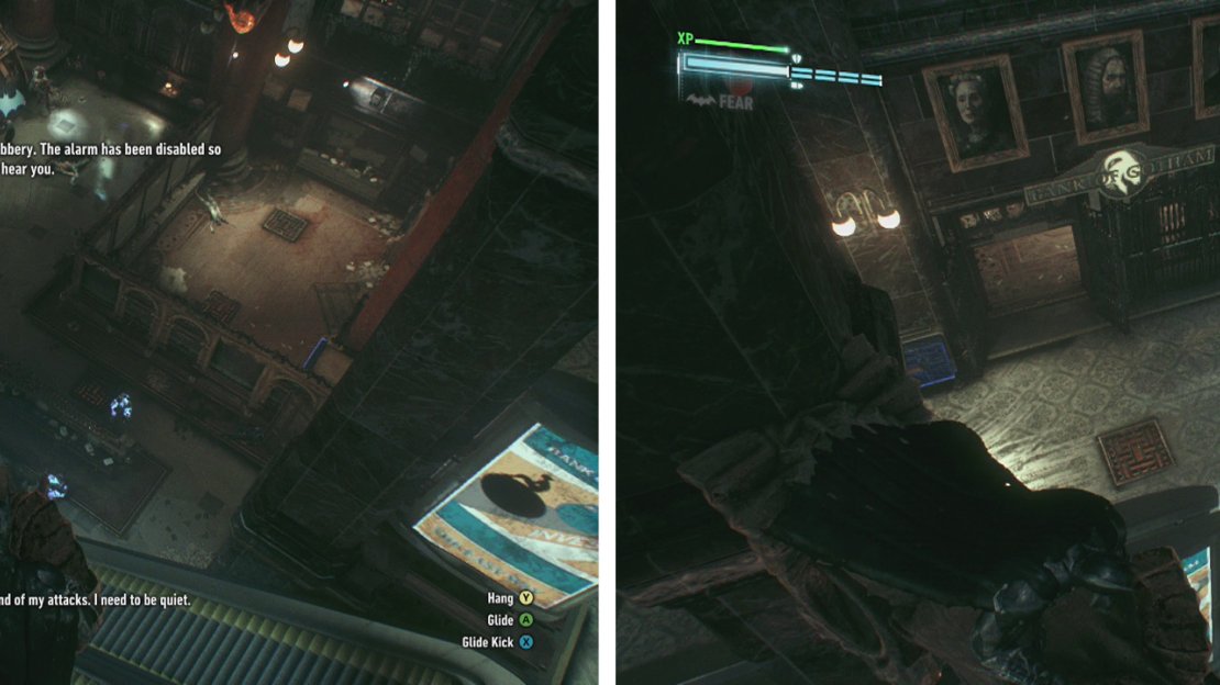 After clearing the first group of Thugs, Two-Face will show up (left). Try to take out the regular Thugs first - they have the Detective Mode Jammer/Detector (right).