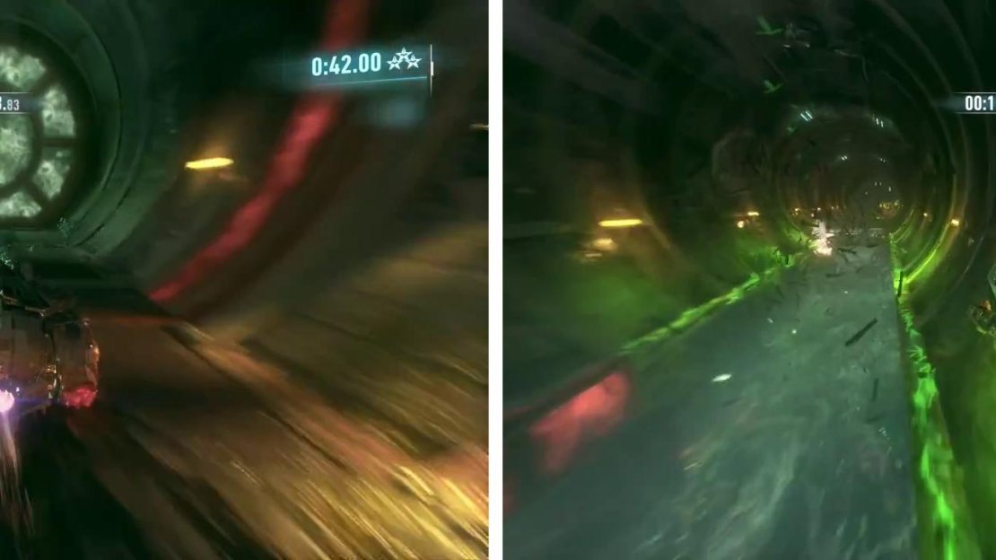 More circular doors will appear on the final lap (left). On the final lap, you’ll need to race along the wall (right).