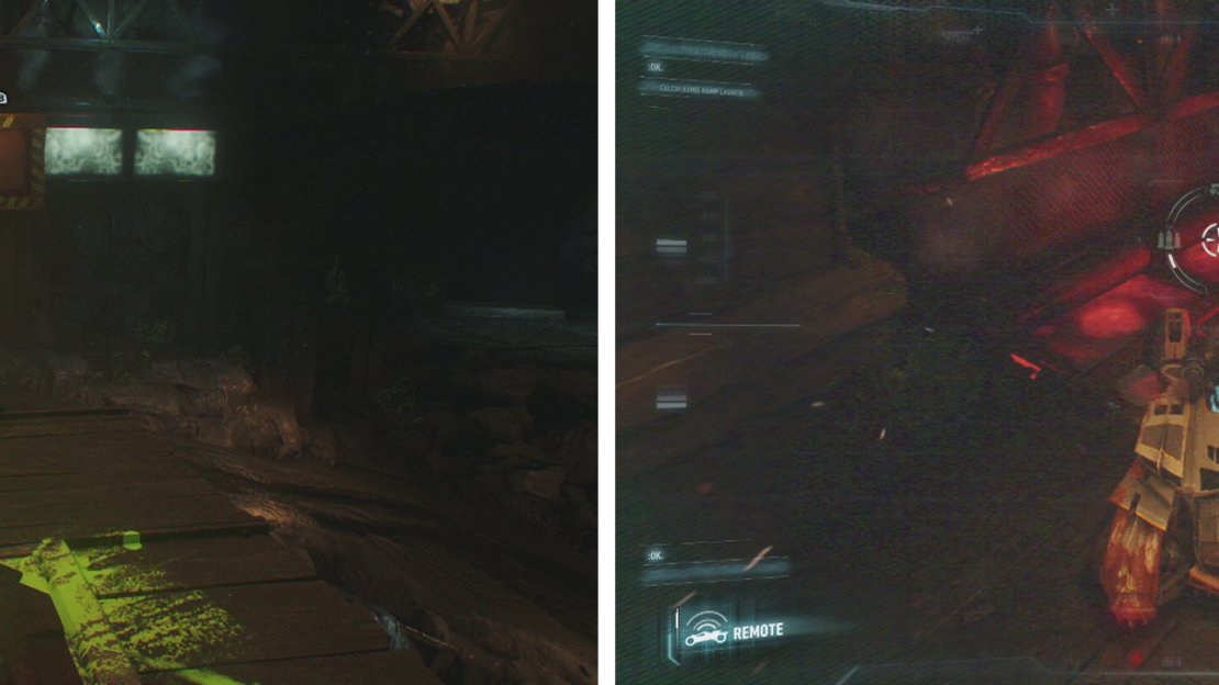 Stand on the pressure plate as Batman to extend the platform ahead (left) so that the Batmobile can cross (right).
