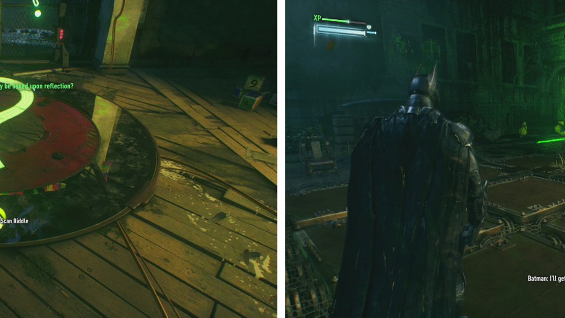 Use the question marks to align the floor (left). Continue through the lit up door to start the next challenge (right).