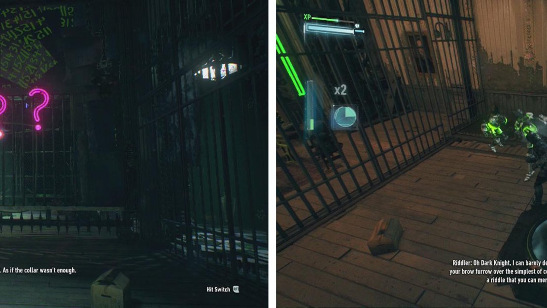 Hit the ‘?’ buttons in order (left) and then fight the Riddler Robots that appear (right).
