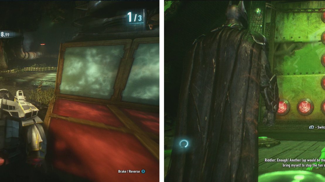 Use solid ground when transitioning crushing floors (left). Use the green light to determine where the key is as Catwoman (right).