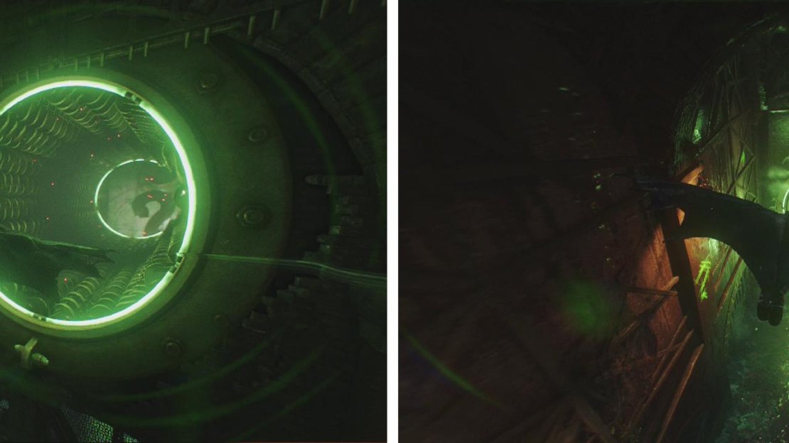Fly through the circular tunnel on the wall near the second switch (left). On the other side you’ll find the final pressure plate (right).