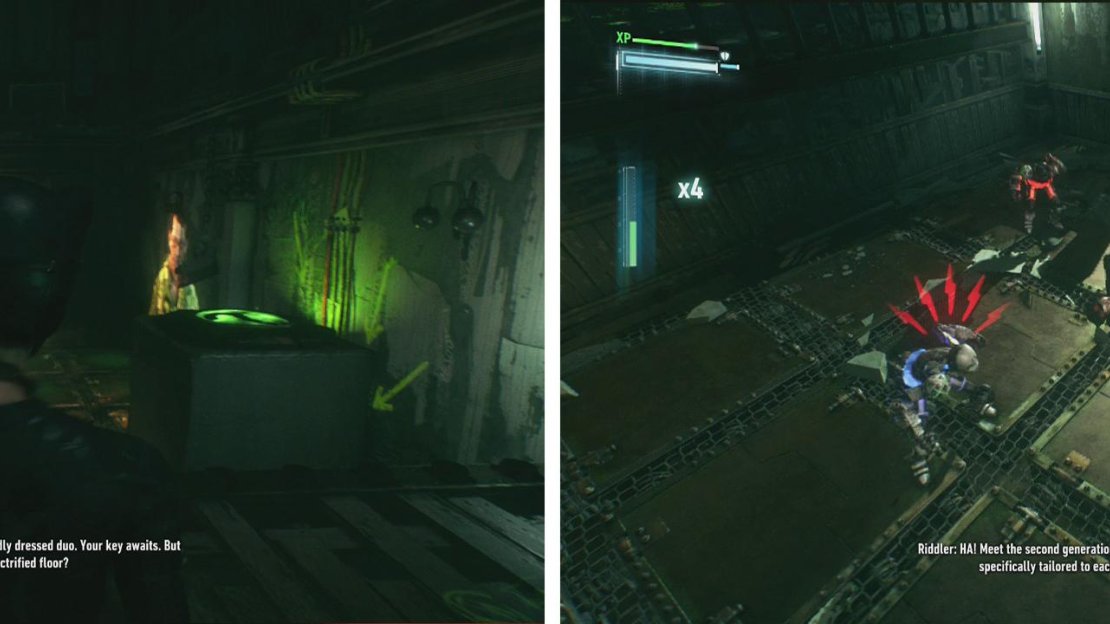 Hit the button on the wall to start the puzzle (left). Use the pressure plates to move the charge through the tubes on the back wall (right).