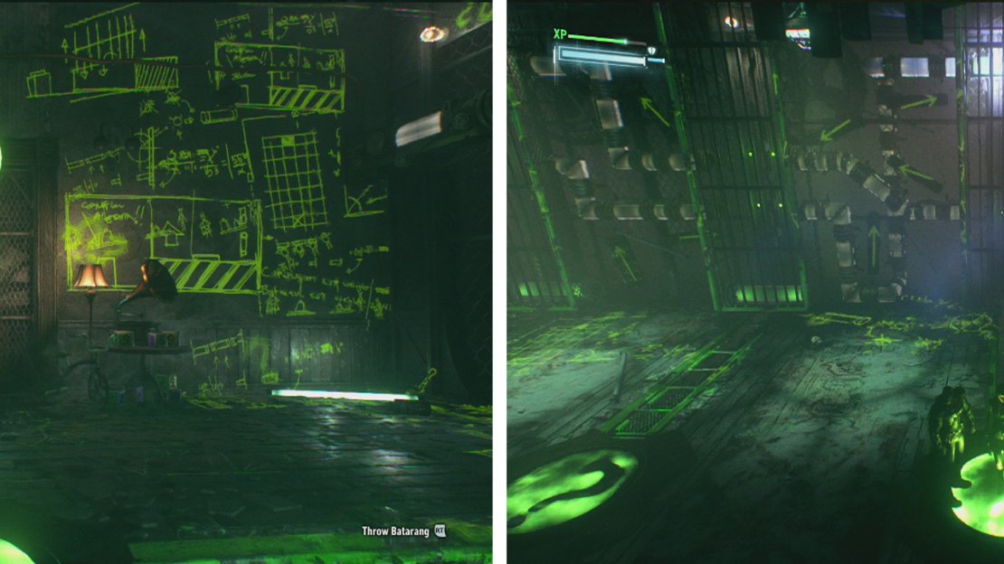 Step on the button to make the floor safe (left) and then fight off the Riddler Robots that show up (right).