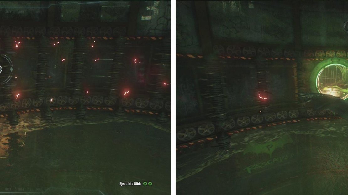 Rotate the platform so that the Batmobile is on the green bat grafitti (left). Eject and fly into the opening opposite (right).