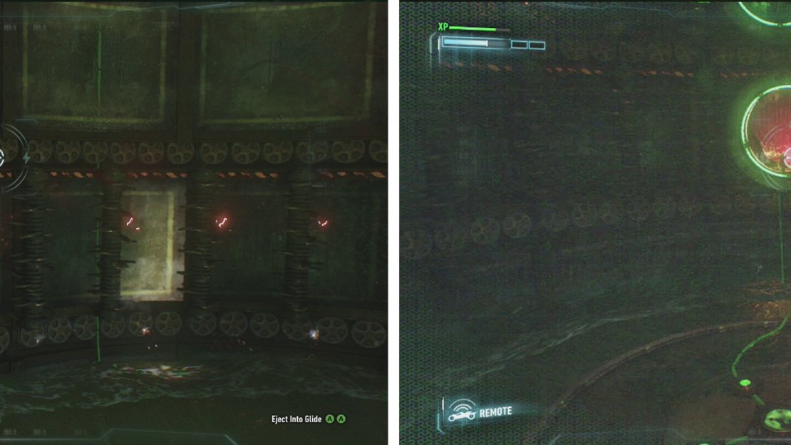 On the lowest level move onto the bat symbol again (left). After pulling the lever, shoot the Sentry Turret with the Batmobile (right)