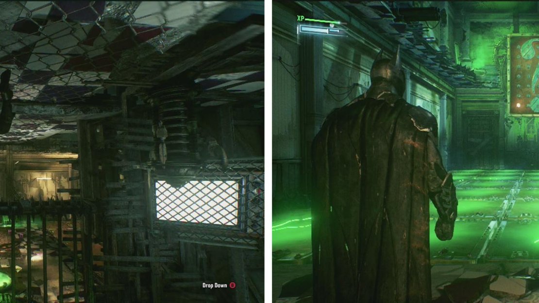 Use the roof to get over the fence (left). We’ll now need to cross a pair of electrified floors (right).