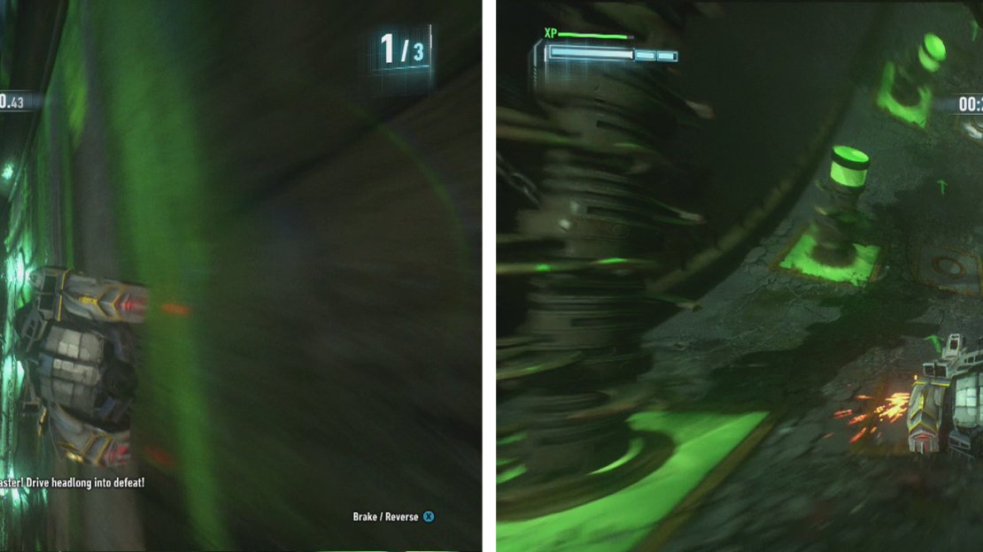 The first two laps involve red and white crushing floors (left) and green spinning spikes we can’t manipulate (right).