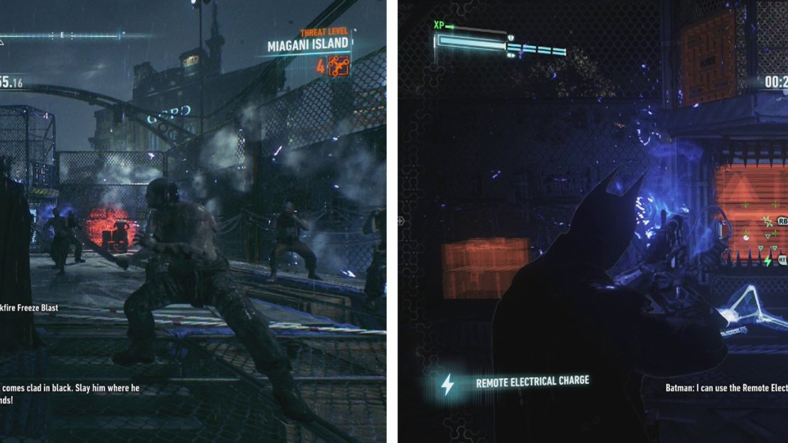Defeat the enemies in the pit (left) and then use the Remote Electical Charge gadget to disable the four generators (right).