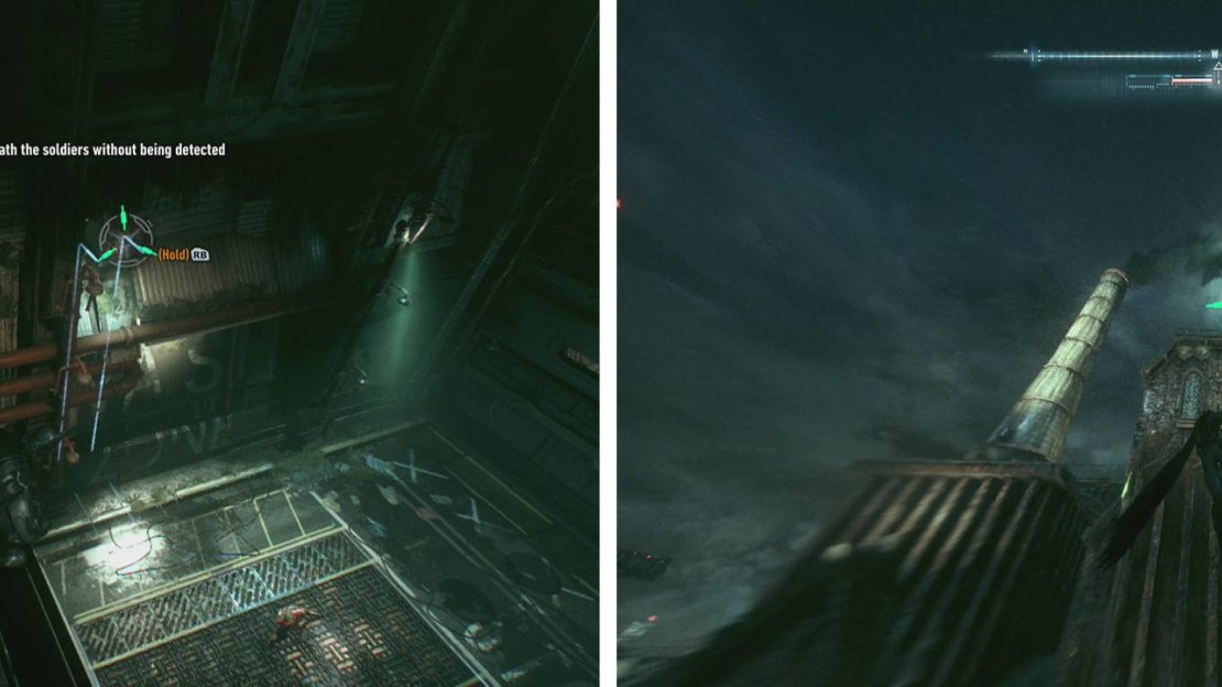 The Batclaw can be used to enter vents (left) or to climb to rooftops quickly (right).
