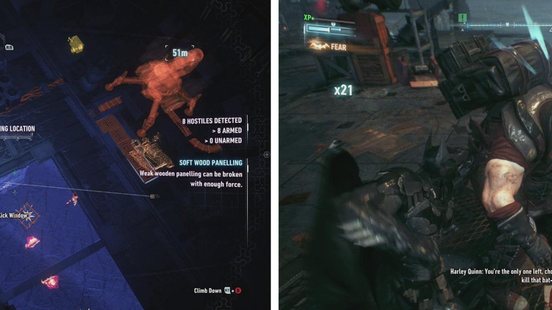 Detective Mode Scanners will cause a red bar to appear (left). The Minigunners need to be eliminated last (right).