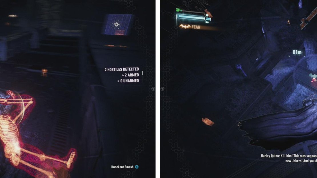 Armed enemies appear red (left) whilst the vents and other environmental objects appear as an orange colour (right).