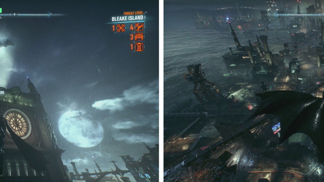 Waypoints place Bat Signals on the map to help you find your way (left). Grapnel boosting and gliding (right) is a fast ways to move through the city.
