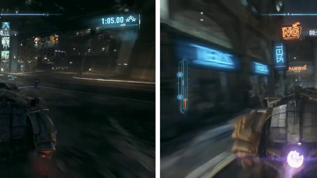 Drive through the green rings (left). Use Afterburner on the straights to gain speed (right).