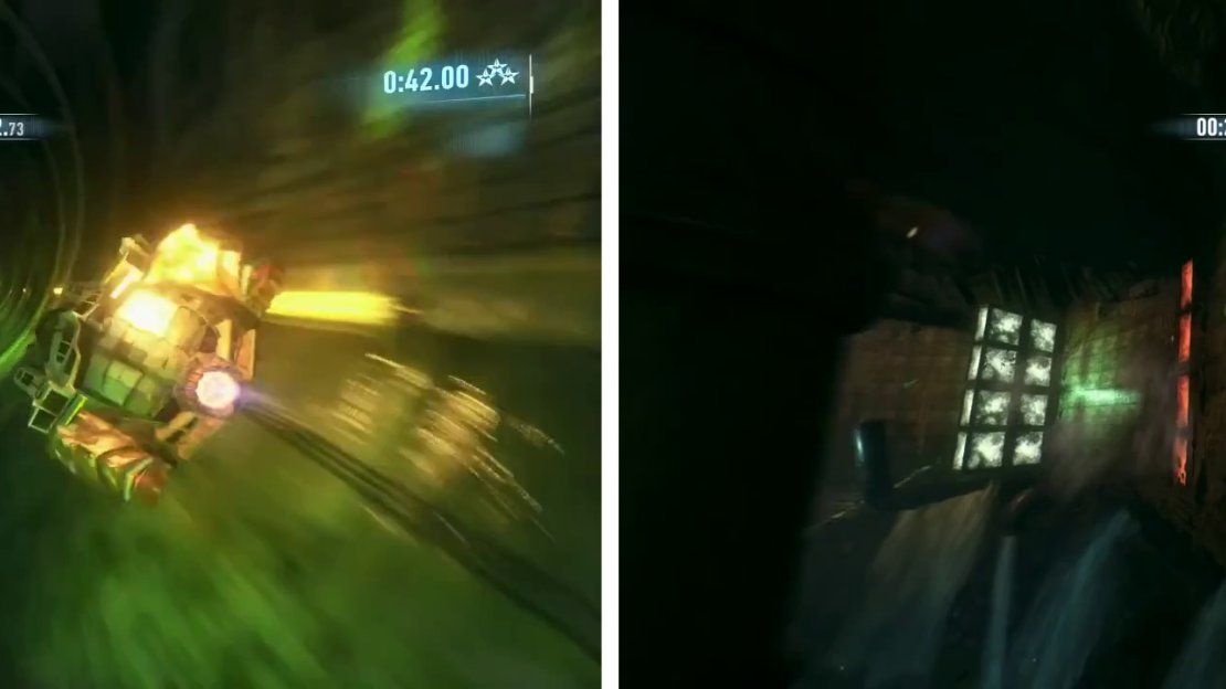 Drive up the wall in the tunnel without a floor (left). Remember to use the Riddler Access Code to manipulate the red and white blocks (right).