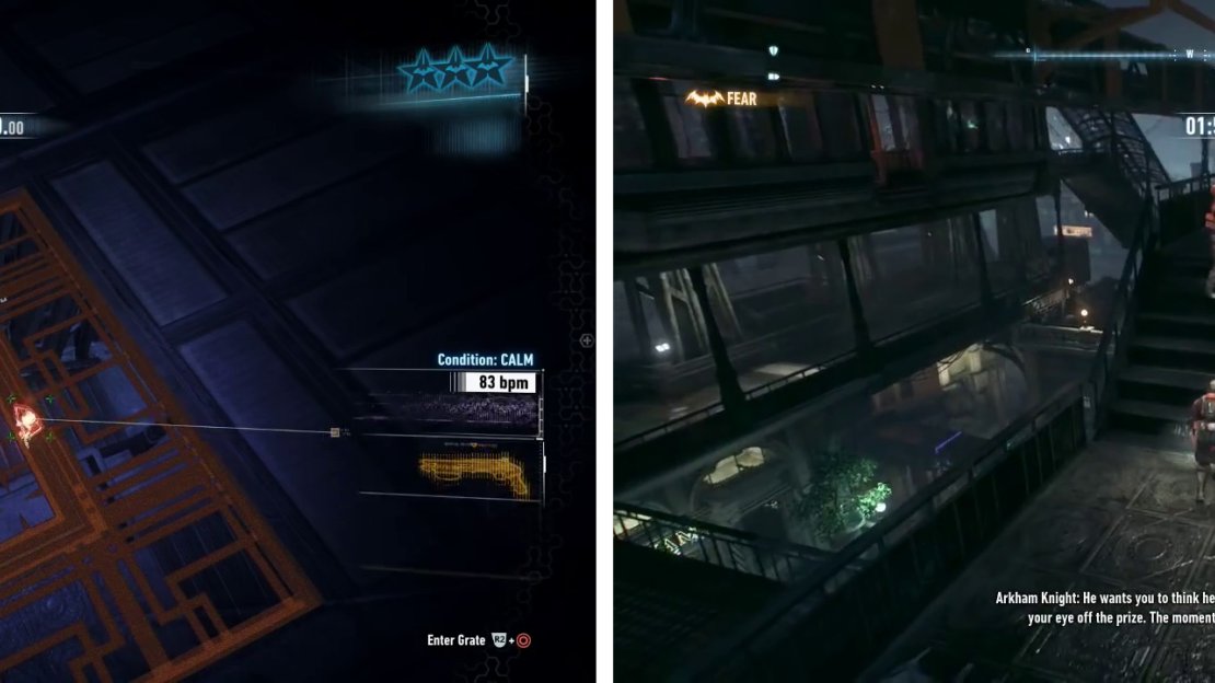 The ceiling grates are especially useful in this challenge (left). Use the Voice Synthesizer to lure enemies together for a Fear Multi-Takedown (right).