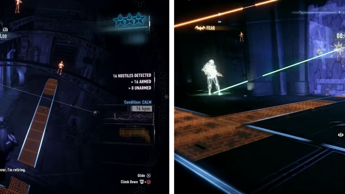 Drop down to the floor grates below (left). Use the wall here to perform your Voice Synthesizer/Explosive Get takedown (right).