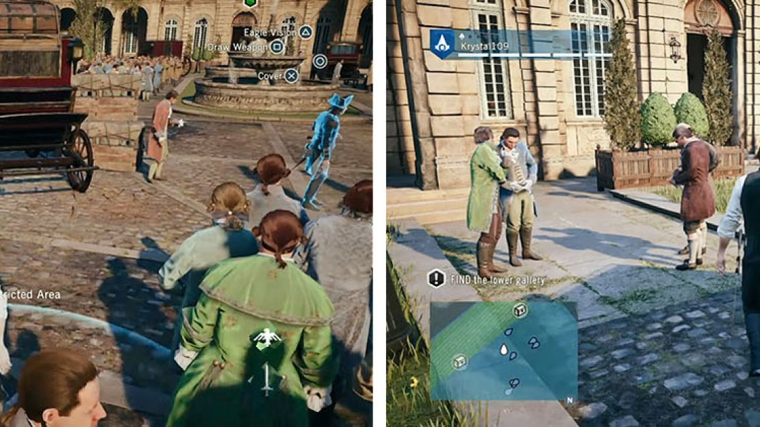 Use the crowds to hide from the guards and wait for the right time to slip inside the estate.