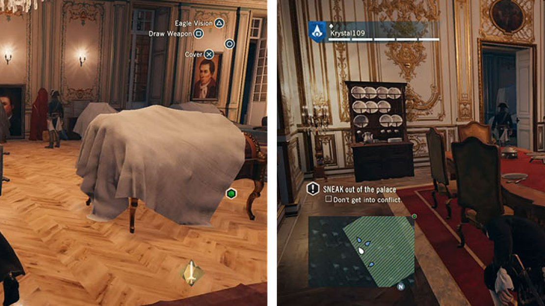 Use cover and continue to only move when guards have their backs to you.