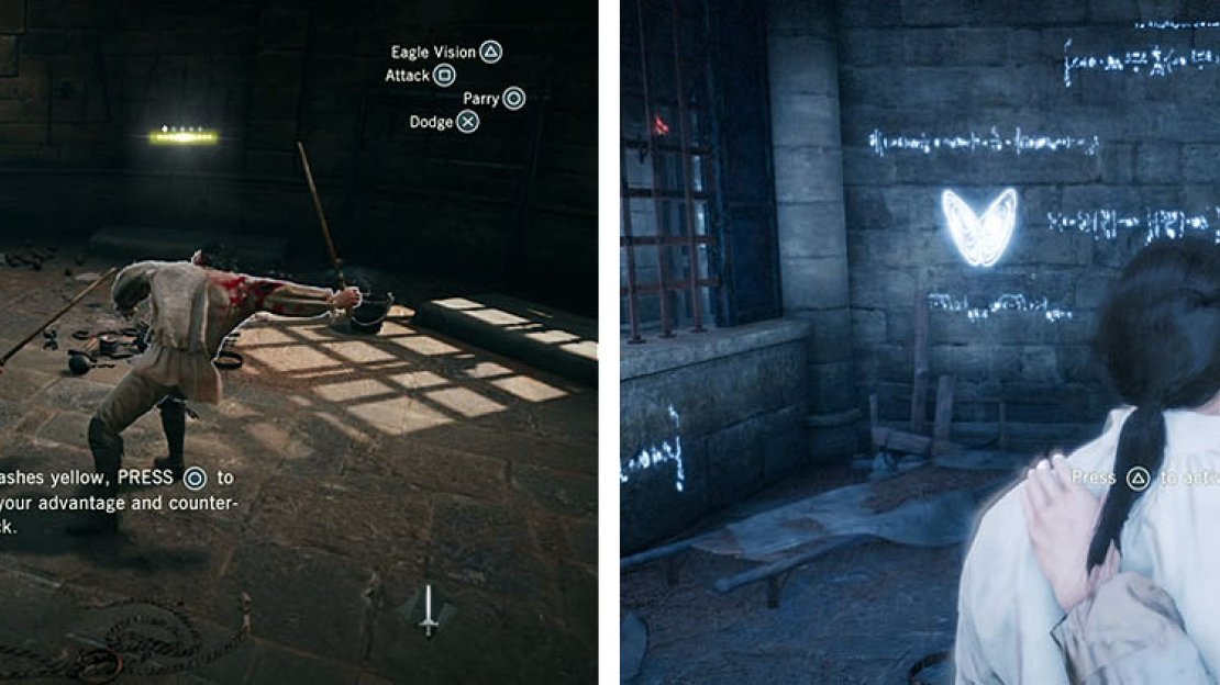 Use perfect parries to beat up the man and then Eagle Vision to reveal the writing.