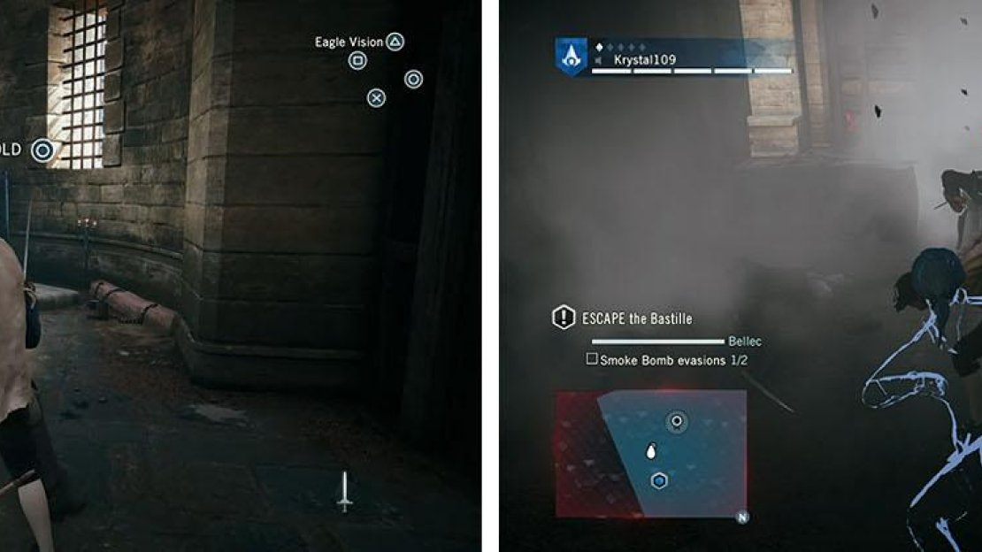 Stealth kill the guards that enter the cell (left). When the second wave of enemies attacks make sure to use Smoke Bombs to complete the objective (right).
