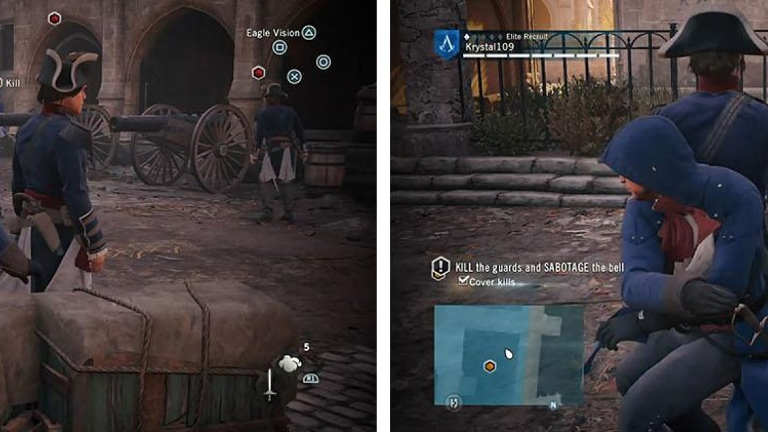 Use the boxes for cover for the first cover kill (left) and the pillar next to the final guard to complete the objective (right).