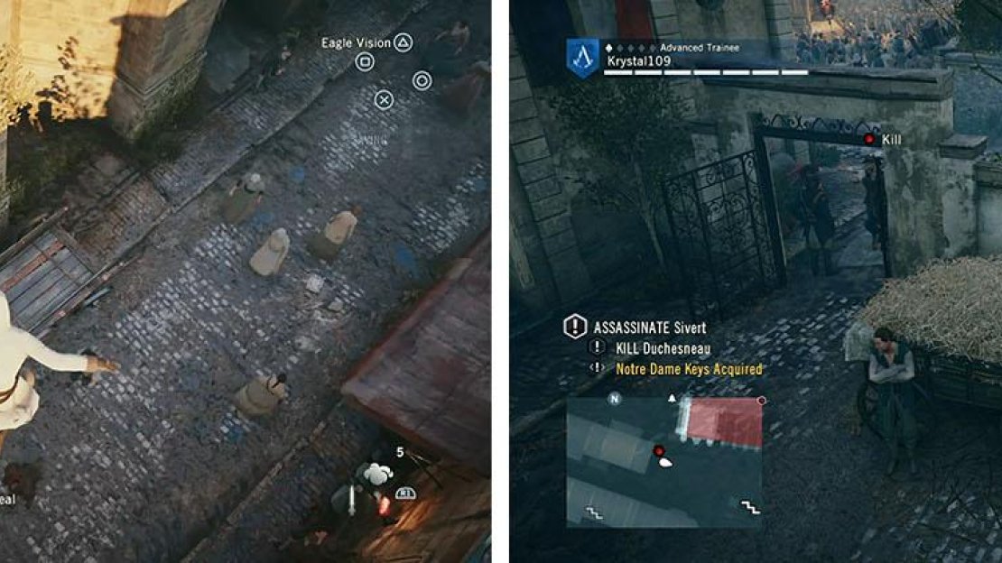 Make sure to kill the thugs with the keys (left) and assassinate Duchesneau (right).