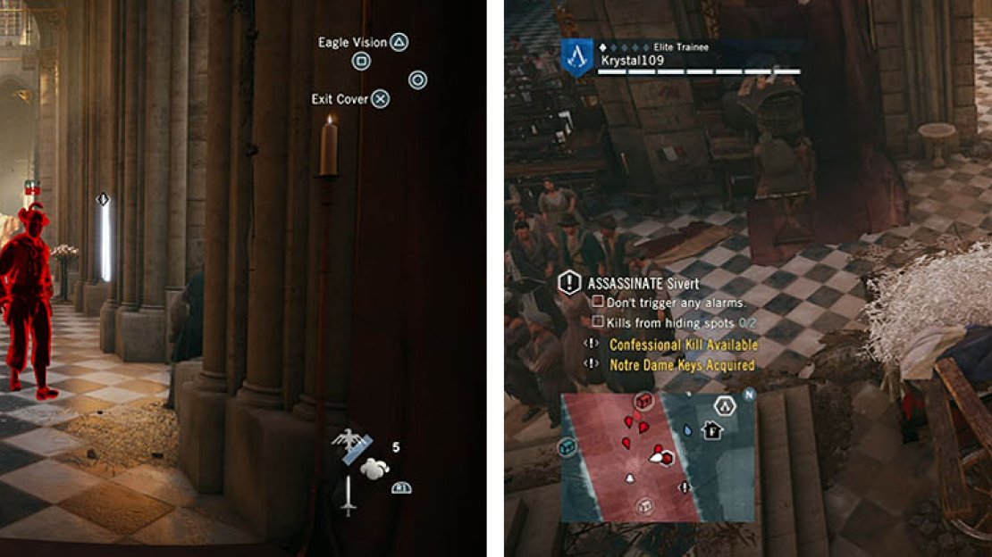 Quietly draw the guards in the hall over (left). After spotting Silvert wait for him to pass as you assassinate his bodyguard that breaks off from the group (right).
