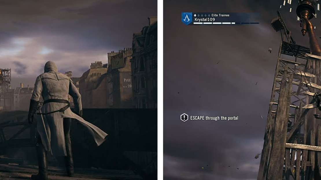 After exiting the tunnels and spotting the exit, make your way to the Statue of Liberty and climb up.