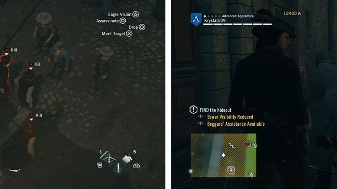 Save the rebels from the guards (left) and follow them to access the alley and kill the guards (right).