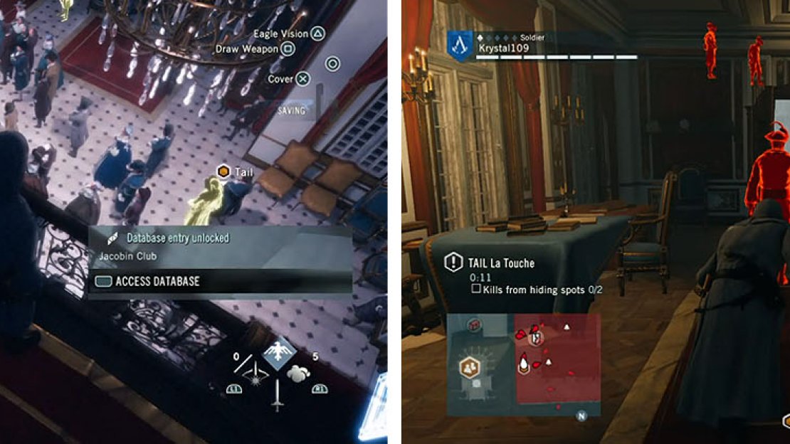 Locate La Touche and then hop the balcony and follow the guard quietly to a hiding spot.