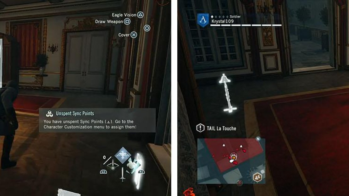 Wait for the guard to move so you can get to the hiding spot and then wait for La Touche to head upstairs.