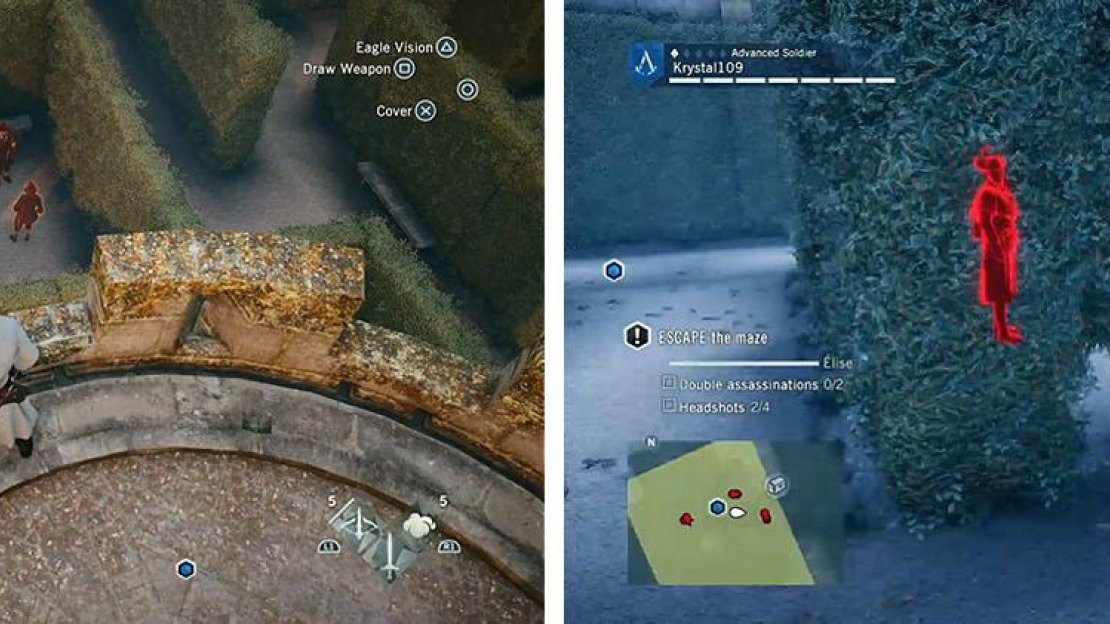 Headshot the guards from the tower (left) and then take the north exit to find the first set of guards you can double assassinate (right).