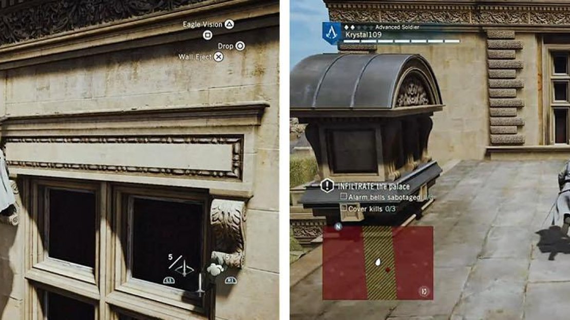 Climb the outer side of the building to avoid the snipers gaze (left). When approaching the Brute on the next roof make sure he is walking away before dropping to the ground (right).