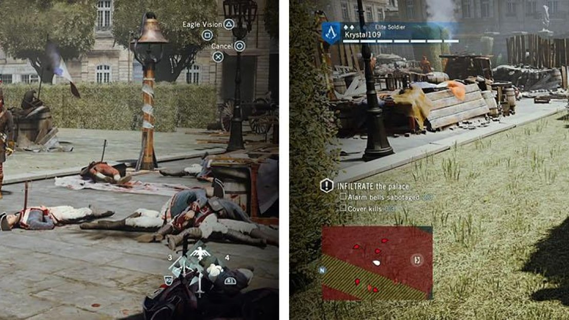 Use Phantom Blades to quietly take out the guards (left). After jumping into the haycart, wait for the guards to clear before sneaking to the bell (right).