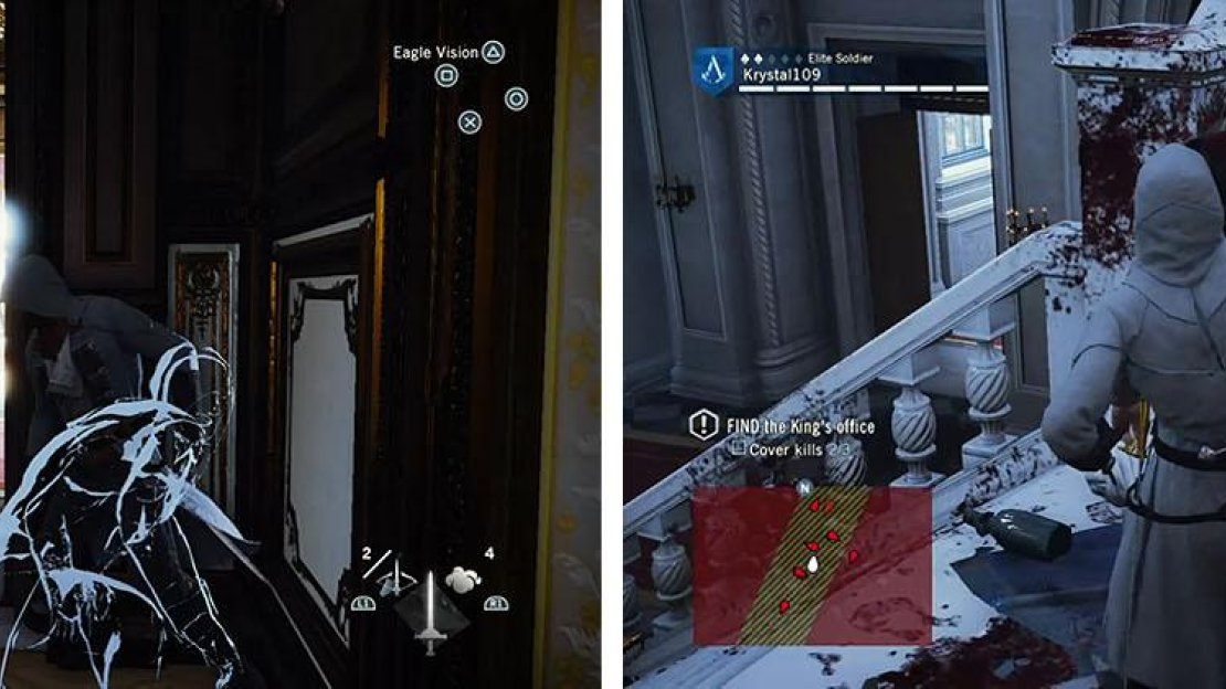 Draw the guard over with line of sight to cover kill him (left) and then head back to the staircase and hidden blade the guard in the middle (right).