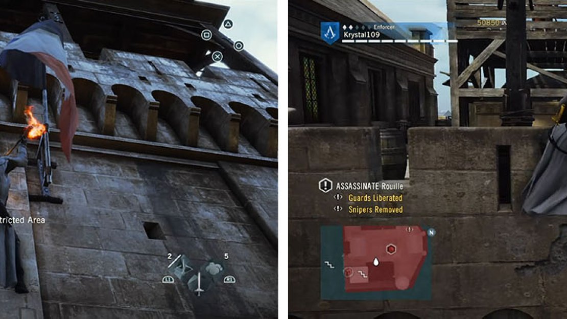 Burn the flag on the tower and continue along the wall to ledge assassinate another sniper.