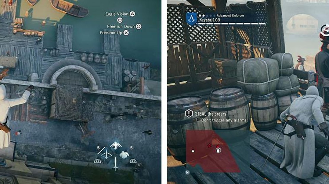Leap of faith into the haycart to reach the docks (left). After dealing with the guards, assassinate the key holder or steal the key off his belt (right).