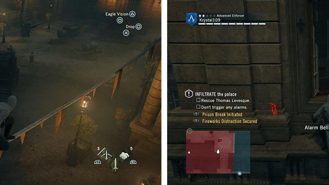 Wait for the rebels to distract the guards (left). Before entering the window check the location of the guard inside (right).