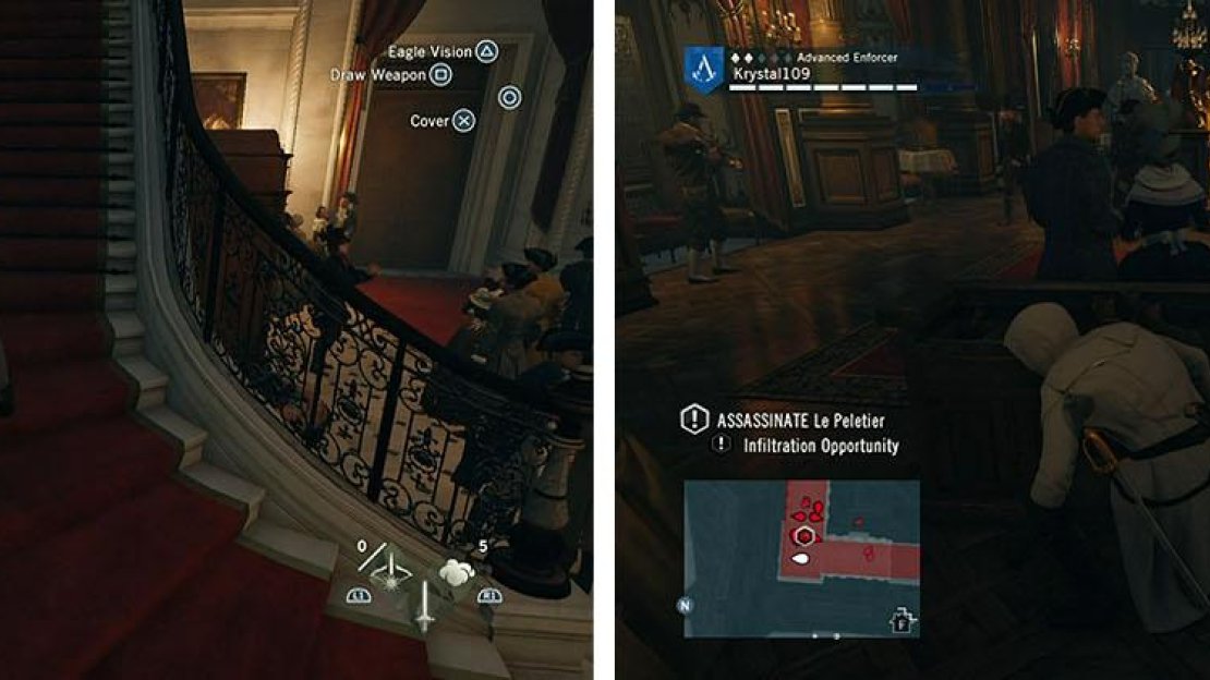 Carefully make your way upstairs and place the poisoned wine bottle (left). Once Le Peletiere is poisoned he weill begin to walk toward you (right).