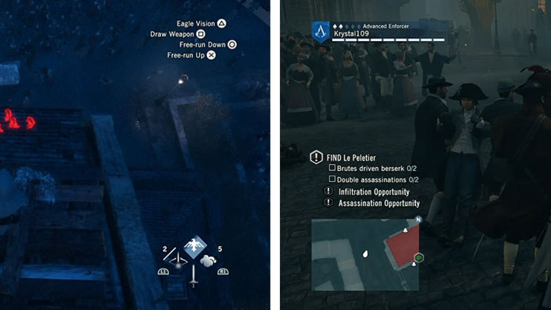 If the guards are not fighting you can jump down and double assassinate them easily.